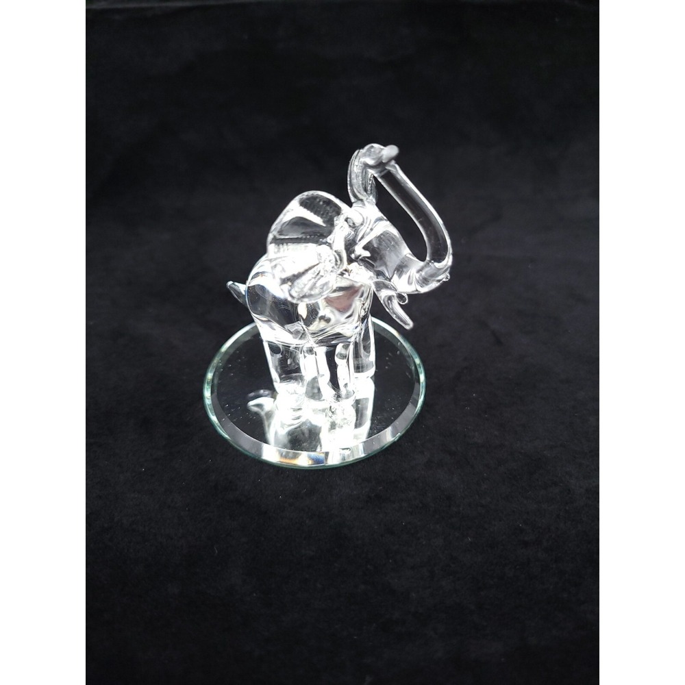 Clear Art Glass Elephant Figurine on Mirrored Glass Display Vintage Delicate